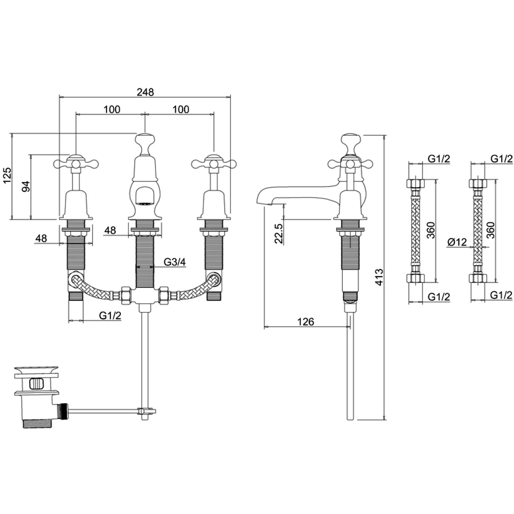 Burlington Claremont wastafelkraan technische tekening