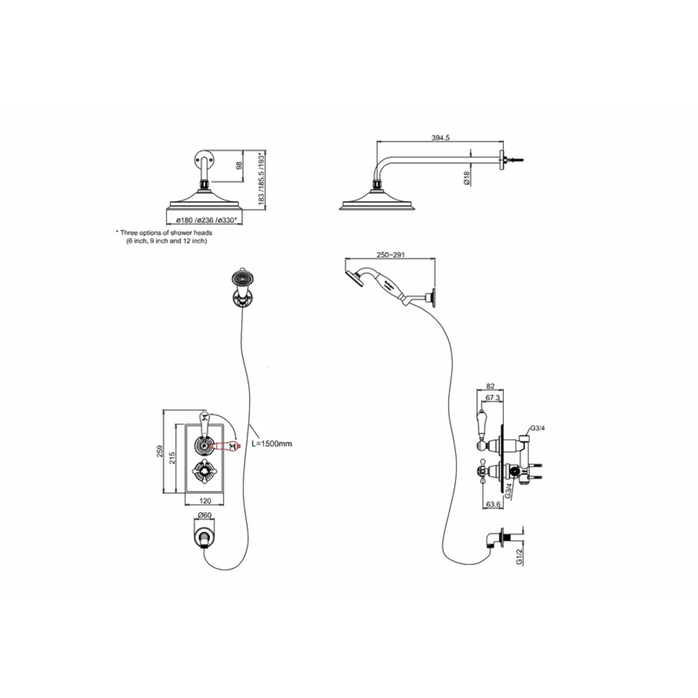 Burlington Trent doucheset technische tekening