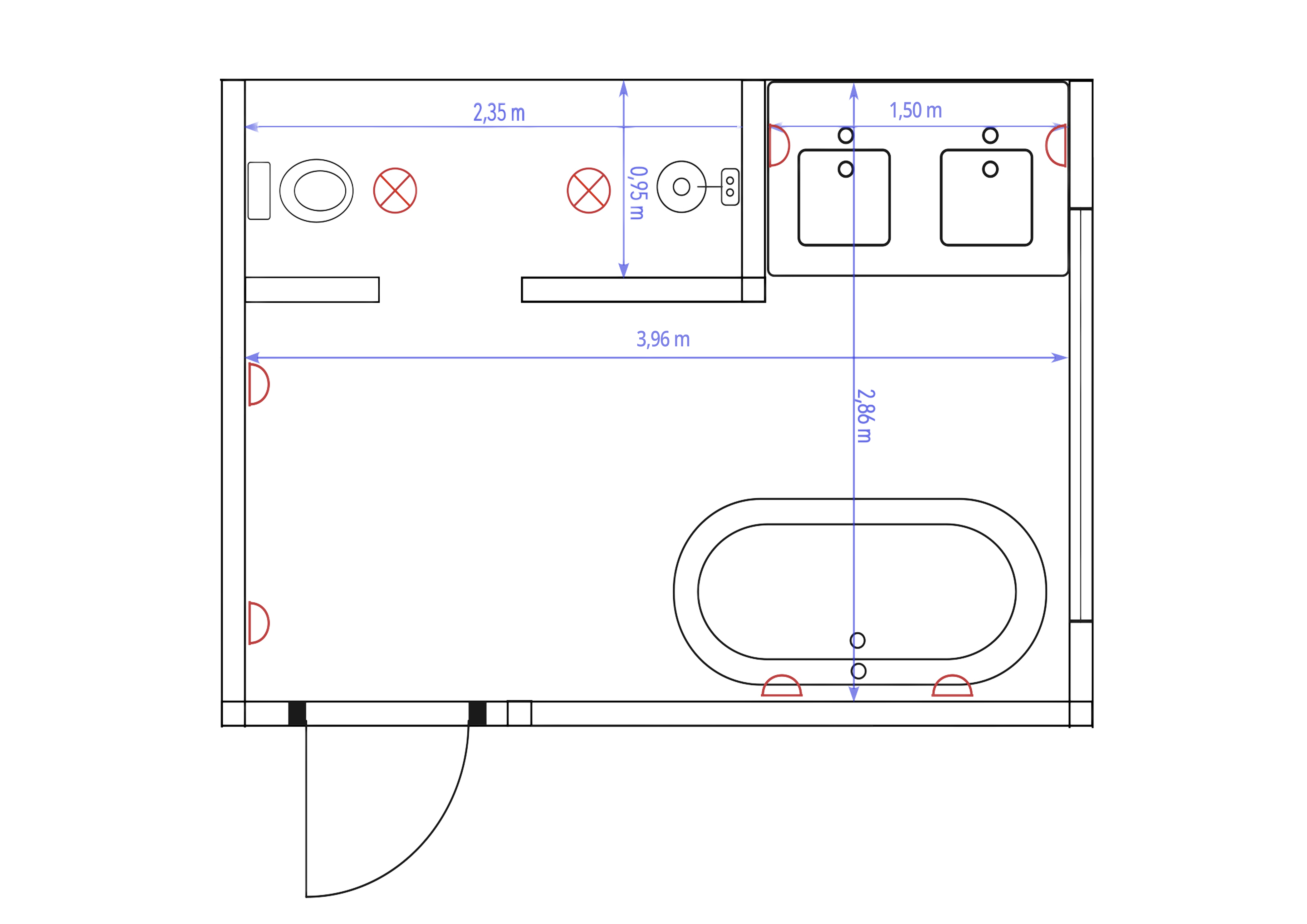 Plattegrond badkamer 1e verdieping met maten