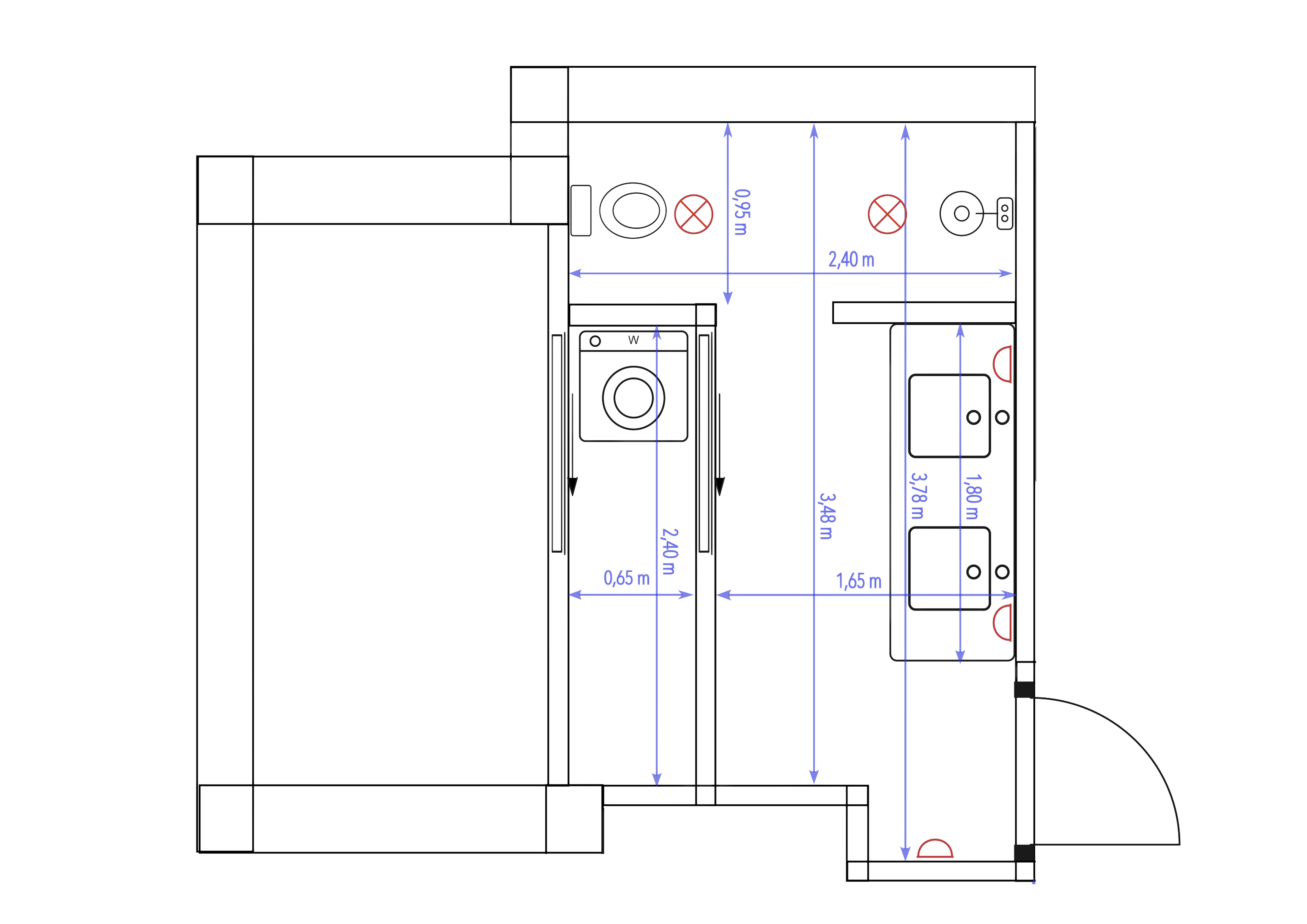 Plattegrond badkamer met leidingwerk posities
